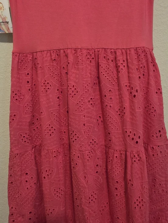 NWT Pretty Garden Hot Pink Eyelet Tiered Dress Ruched Tank Sleeveless Maxi Large - Picture 7 of 12